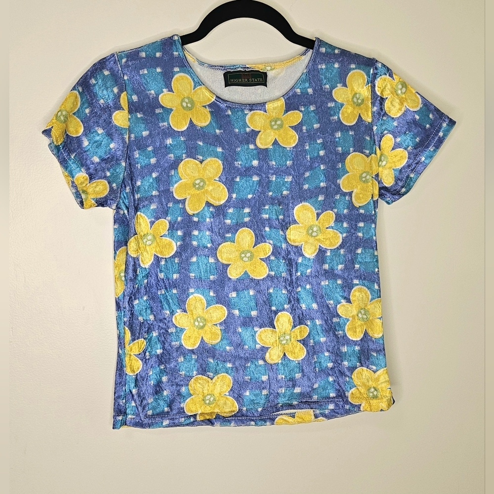 90s Gingham And Floral Higher State Velour Baby Tee